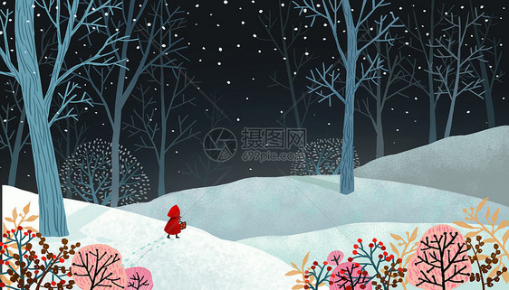 雪夜意境手绘插画图片