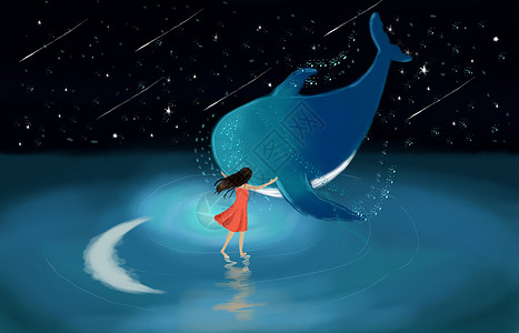 星空下的鲸鱼与女孩高清图片