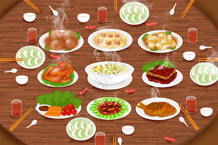 年夜饭饺子插画红烧鱼高清图片
