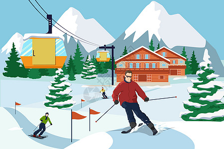 玩耍的人冬日滑雪场景插画