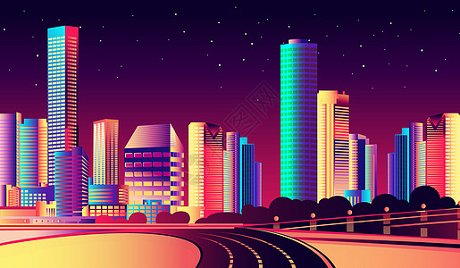 繁华的夜景绚烂扁平化城市插画