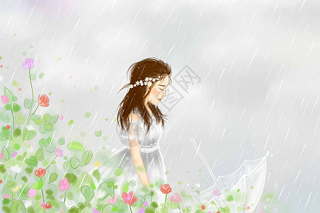 灰色渐变雨中的女孩儿插画