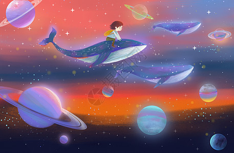 宇宙鲸鱼彩色星球插画高清图片