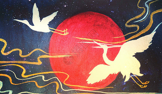 仙鹤和风插画背景图片