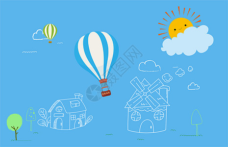 小镇卡通 热气球设计图片