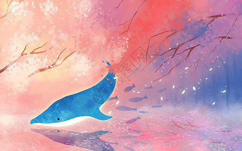 粉色天空背景梦幻樱花海豚插画