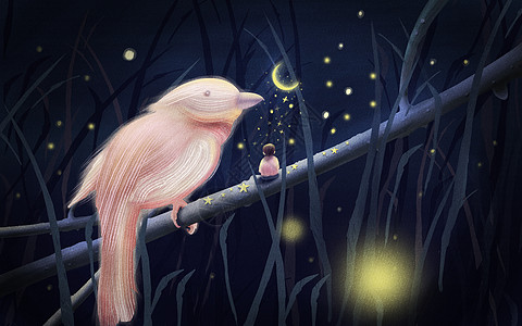 繁华的夜景树丛中的男孩插画