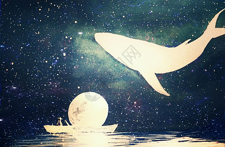 月亮与鲸鱼治愈系插画背景图片