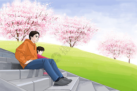 父女公园游玩赏樱花背景图片