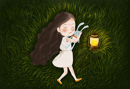 绿色的灯草地上熟睡的小女孩插画