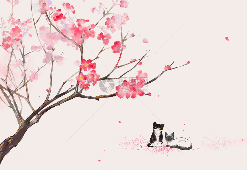 桃花树下的猫咪图片