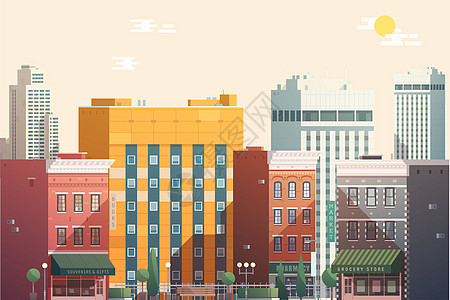 建筑扁平卡通矢量城市建筑插画