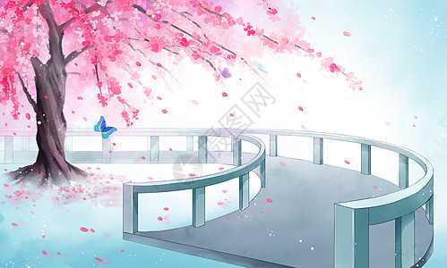 古风樱花树唯美插画背景图片素材