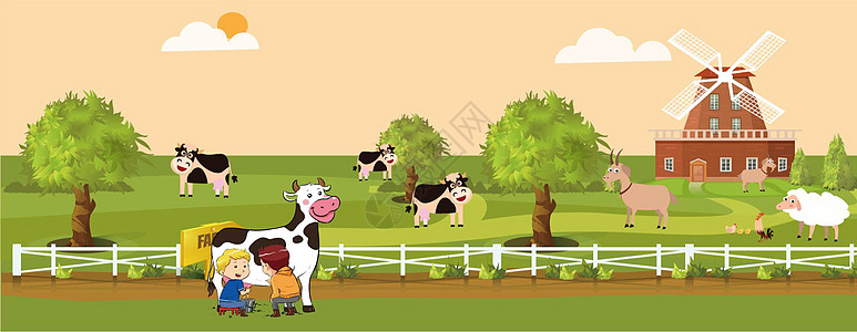 牛奶牧场挤牛奶插画