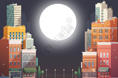 城市月亮卡通城市建筑插画