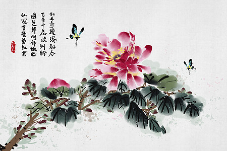 国画壁纸中国风牡丹花插画