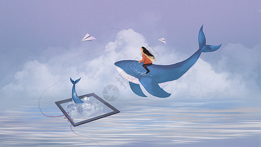 梦中的鲸鱼手绘画框高清图片
