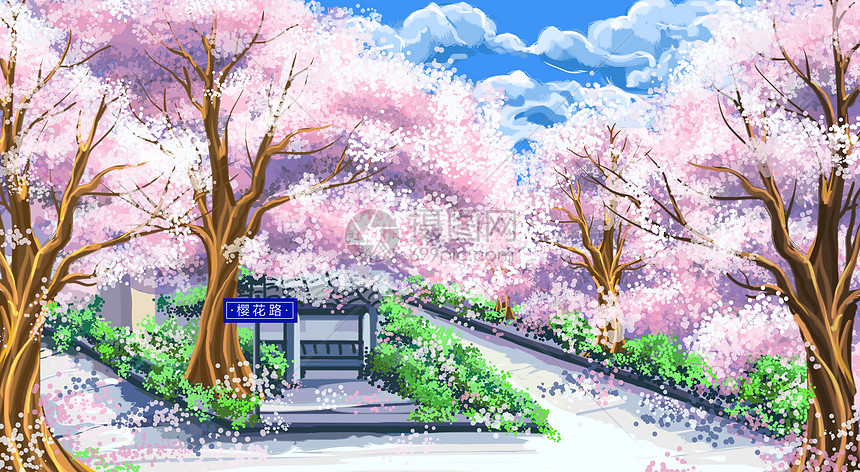 樱花盛开的林荫小道插画图片