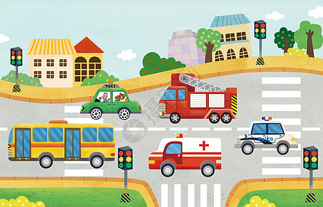 消防车城市的街道插画