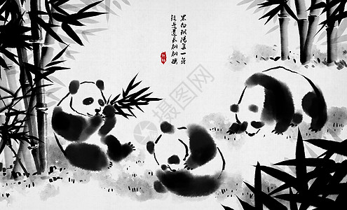 国画壁纸熊猫中国风水墨画插画