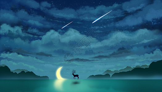 星空夜景星空下的鹿与月亮唯美插画插画