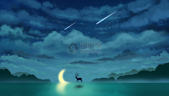 星空下的鹿与月亮唯美插画图片