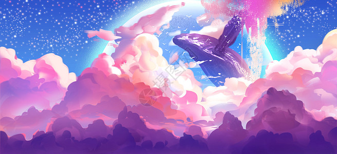 飞翔的鱼梦幻天空中的鲸鱼插画