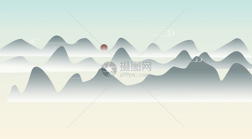 插画 背景素材 古代建筑 中国风山水背景.
