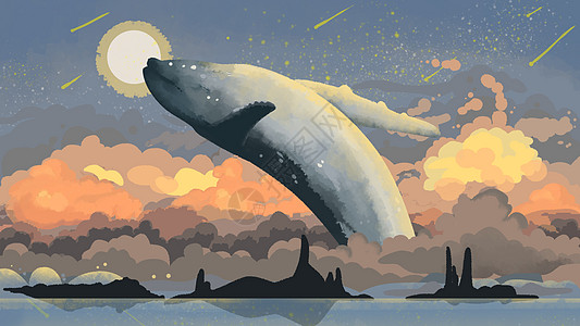 晚霞湖面鲸插画