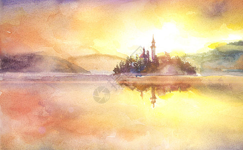 城堡手绘夕阳海边插画