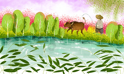 春雨油菜花和放牛人背景图片