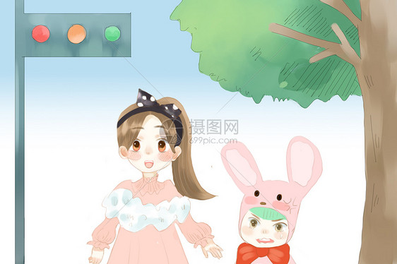 唯美插画 姐弟过马路.