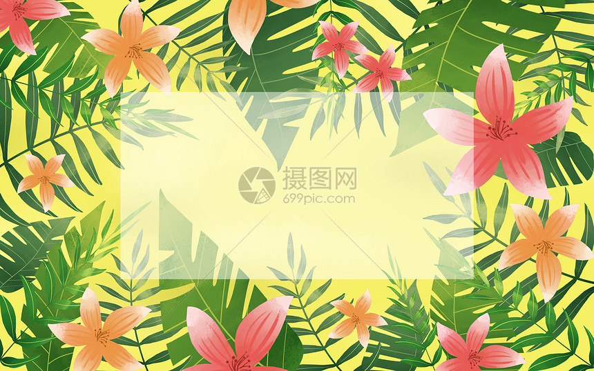 黄底树叶花卉背景图片