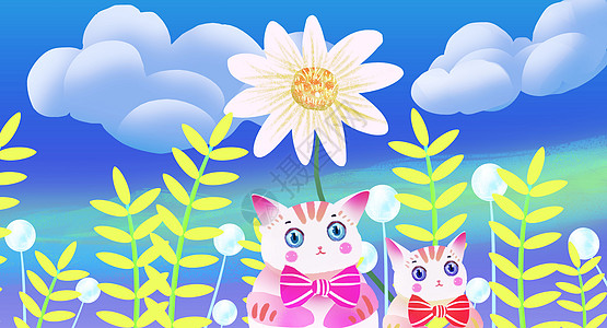 花儿与猫可爱插画高清图片