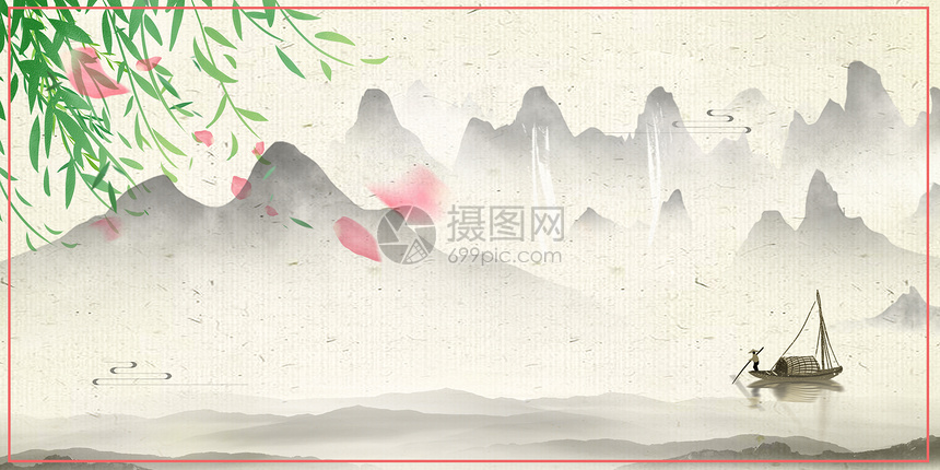 古风绿叶桃花山水背景图片