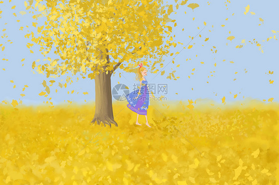 唯美插画 银杏树下的女孩.