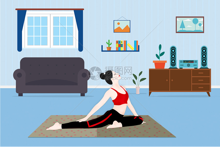 室内瑜伽健康运动插画图片