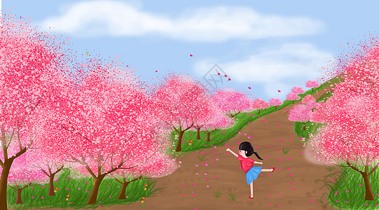 阳光明媚桃花插画-阳光明媚桃花卡通-创意手绘中国风金猪贺岁插图-摄