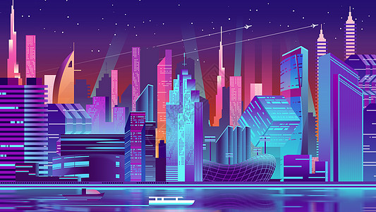 霓虹色扁平城市建筑高清图片