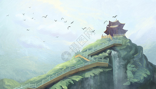 山顶小亭中国风瀑布背景高清图片