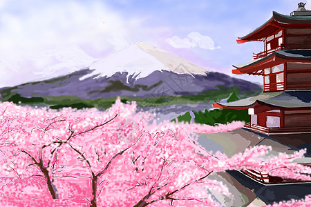 日本寺庙浪漫的樱花场景插画