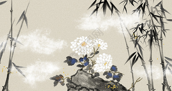 竹子国画中国风水墨花卉插画