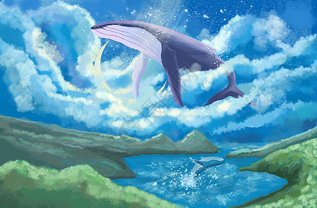 飞鲸鲸鱼翱翔天际插画