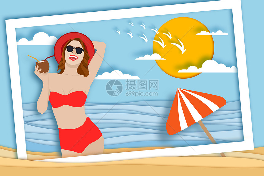 夏日海边比基尼女孩剪纸卡通图片