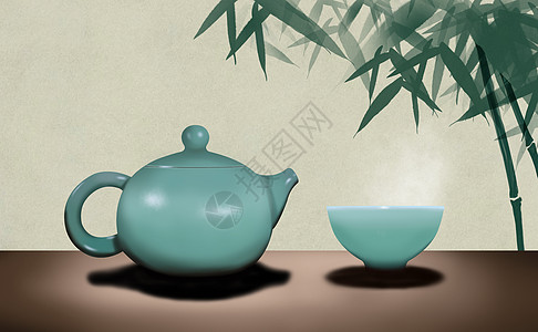 竹茶具茶与竹插画