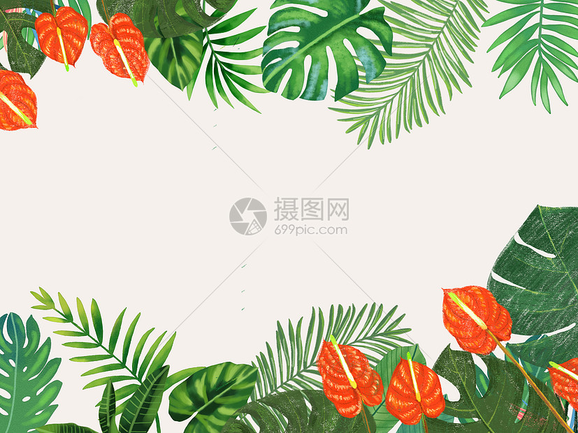 水彩热带树叶花卉背景插画图片下载-正版图片-摄