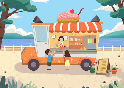 冰淇淋车 夏天小朋友买冰淇淋背景图片