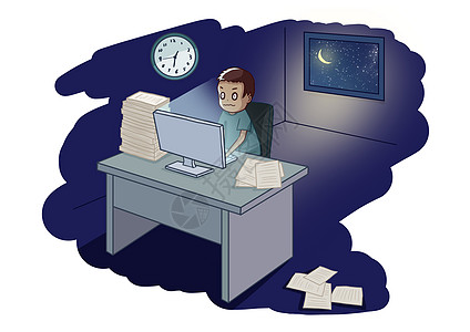 笔记本电脑桌面摆拍夜晚加班的人插画