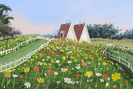 白色墨迹花海教堂插画