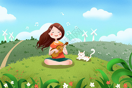 女孩坐草地上唱歌图片
